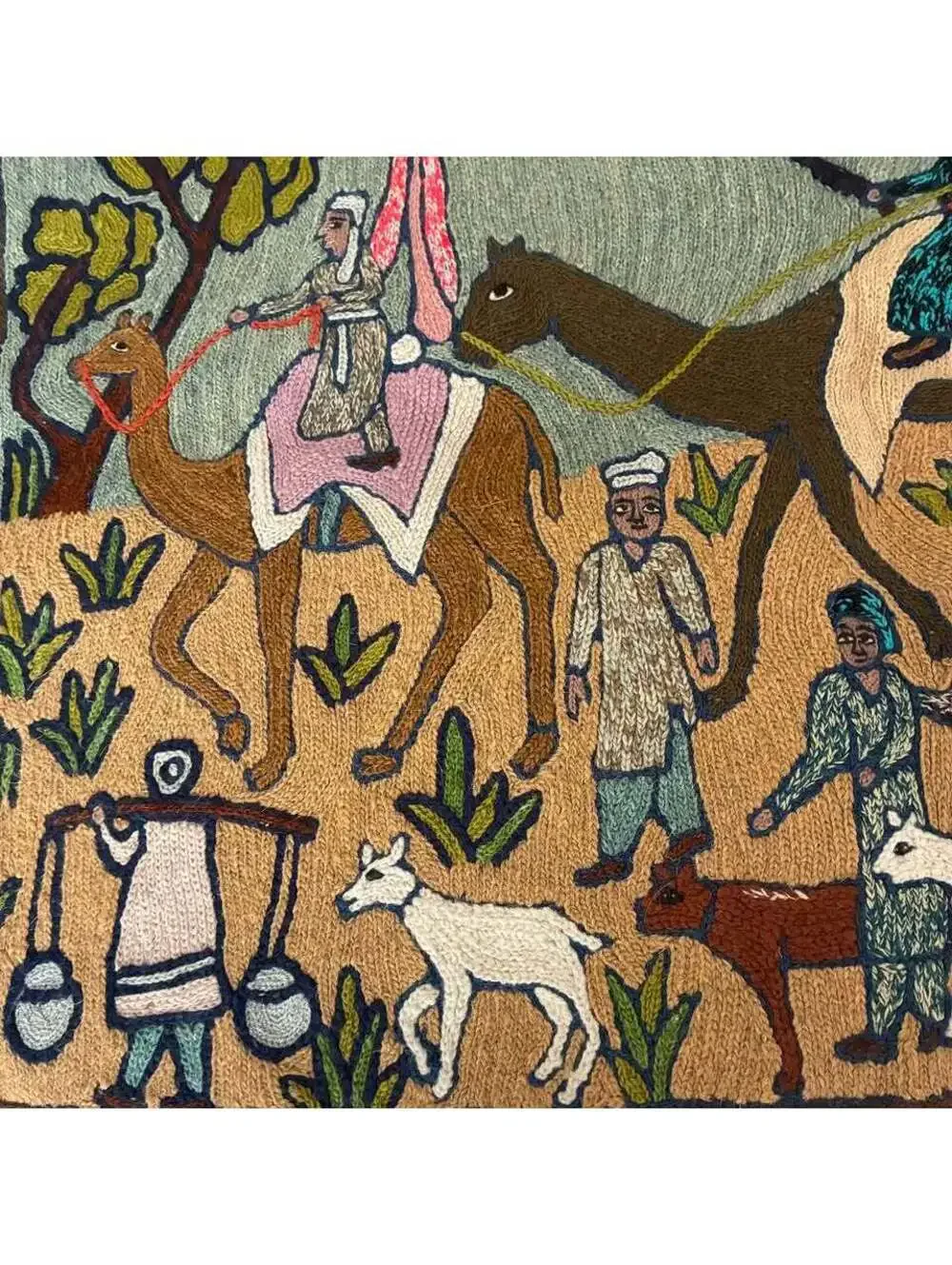 Vintage Kashmiri Chain Stitch Wool Rug Camel Caravan India Pictorial 24x36